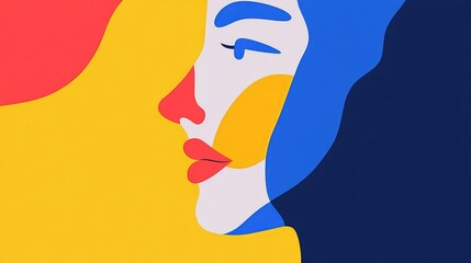 Poster - A whimsical face formed with playful abstract shapes and vivid colors, set in a flat colorful illustration style.