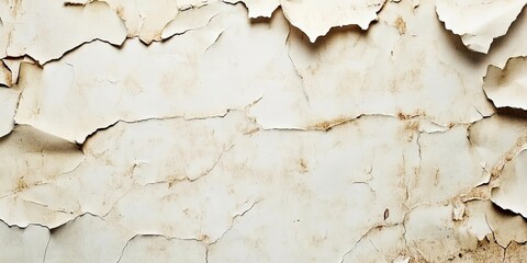 Aufkleber - Peeling white paint on a textured wall with brown stains and cracks, background image with a distressed and weathered appearance for design use.
