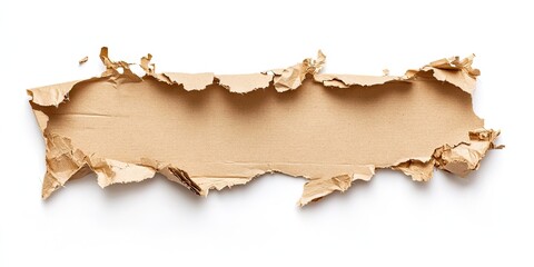 Leinwandbilder - Shredded cardboard piece on a white background showcasing rough edges and texture, positioned horizontally for emphasis on the torn sections.