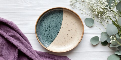 Poster - Ceramic plate with green and beige half design on wooden table surrounded by a purple towel and fresh greenery in soft natural lighting