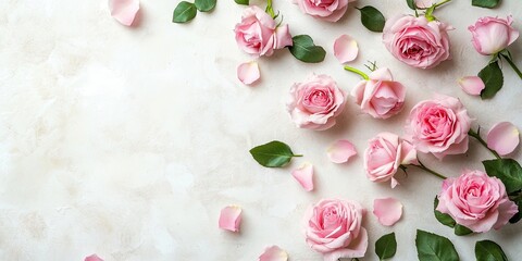 Aufkleber - Soft pink roses elegantly arranged on a light textured background with scattered petals and green leaves, creating a serene and cheerful atmosphere.