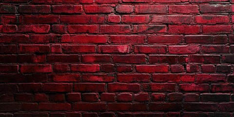 Poster - Deep red painted brick wall in dark crimson hue with textured surface and uneven shading creating depth and interest in background setting.