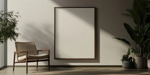 Fototapete - Modern minimalist room with empty frame on wall, light grey tones, wooden chair in foreground, potted plants adding greenery to the scene.