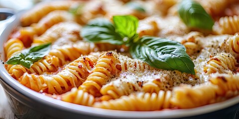 Poster - Flavorful pasta alla sorrentina in a white dish topped with melted cheese and fresh basil leaves, surrounded by vibrant pasta spirals.