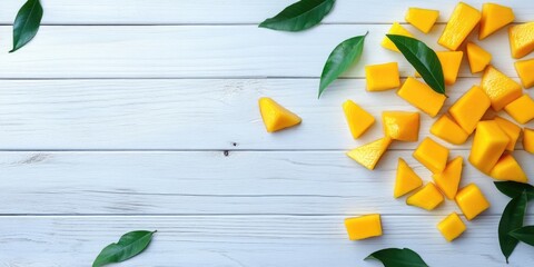 Poster - Fresh mango cubes scattered on a light wooden surface with green leaves, creating a vibrant contrast in colors and textures.