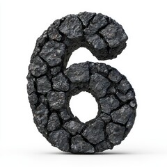 Number 6 made of pressed coal briquettes with detailed textures isolated on a clean white background