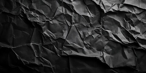 Poster - Crumpled black paper texture with deep shadows and highlights creating a rich contrast background perfect for overlaying text or graphics.