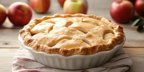 Aufkleber - Warm golden-brown apple pie in white dish with lattice crust, surrounded by fresh red apples on rustic wooden table with a linen cloth.