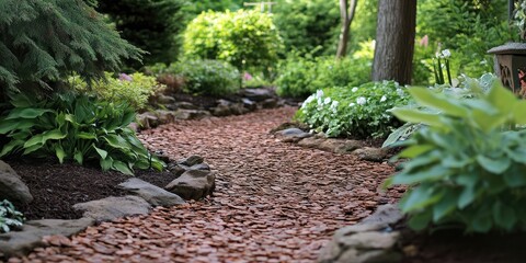 Poster - Serene garden pathway lined with pine bark and lush greenery stone edging creates a tranquil atmosphere vibrant plants enhance natural beauty