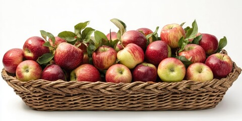 Poster - Basket filled with red and green apples surrounded by green leaves in a brown woven basket positioned centrally against a white background