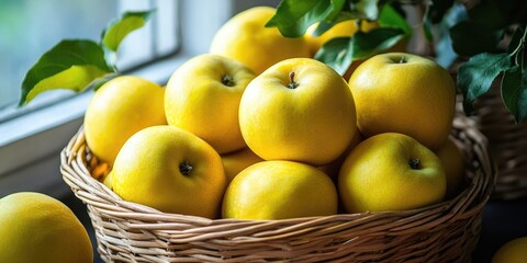 Poster - Fresh yellow apples in a woven basket on a windowsill with green leaves, capturing bright natural light and warm earthy tones for a cozy atmosphere.