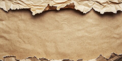 Fototapete - Ragged edge piece of kraft paper in warm brown tones isolated on textured background with crumpled edge details creating a vintage aesthetic