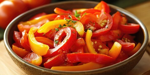 Poster - Vibrant red and yellow bell peppers tossed in a brown bowl with herbs on a wooden surface, showcasing fresh ingredients and natural colors.