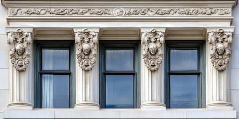 Poster - Elegant architectural facade featuring ornate stone carvings on three tall columns framing dark windows, set against a light beige backdrop.