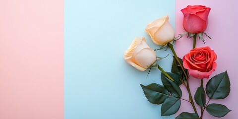 Aufkleber - Colorful arrangement of three roses in pastel shades on a dual-colored background with pale blue and pink accents capturing a serene and elegant vibe.