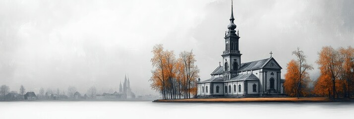 Wall Mural - Autumnal church, serene lake, misty town.