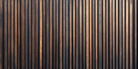 Fototapete - Textured vertical wooden slats in varying shades of brown and black create a contemporary backdrop with warm highlights and deep shadows.