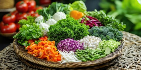 Poster - Vibrant assortment of fresh vegetables on a woven basket including greens, colorful peppers, and radishes arranged artistically against a dark background