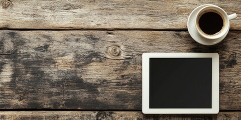 Poster - Tablet and black coffee cup on aged wooden table with rustic texture, tablet positioned left and coffee on the right for a cozy ambiance