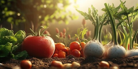 Poster - Vibrant garden vegetables including red tomatoes and white radishes with green leaves resting in rich soil bathed in warm sunlight backdrop