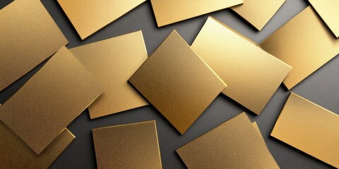 Poster - Golden blank business cards scattered atop a dark gray background showcasing their shiny surfaces and smooth edges in a modern layout.
