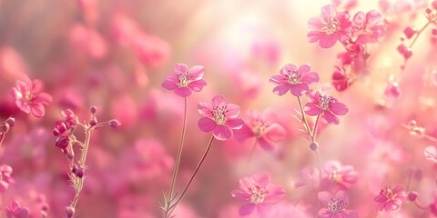 Poster - Delicate pink flowers gracefully bloom amidst a soft dreamy background, with vibrant hues of pink and gentle light illuminating the scene.