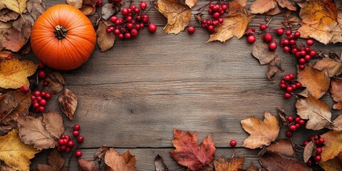 Poster - Autumn leaves in warm browns surround a rustic wooden surface with vibrant red rose hips and a pumpkin positioned at the top left corner.