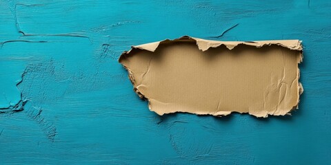 Leinwandbilder - Torn cardboard fragment positioned centrally against a vibrant blue textured surface with a smooth finish highlighting the contrast of colors.