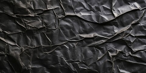 Poster - Crumpled black paper texture with deep shadows and subtle highlights provides an empty horizontal background with ample copy space for design use