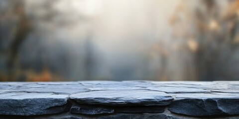 Poster - Stone table in the foreground against a blurred warm-toned forest background emphasizing the texture and color of the dark stone surface