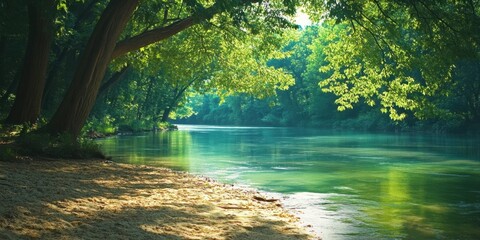 Aufkleber - Serene river scene with sandy shore and lush green trees reflecting sunlight creating a peaceful atmosphere for relaxation and exploration.