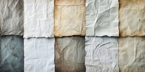 Fototapete - Vintage collage background with crinkled and folded paper textures in shades of beige gray and white arranged in an abstract pattern.
