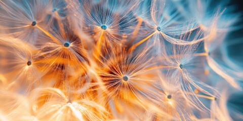 Poster - Abstract close-up of dandelion seeds in orange and blue tones, creating a dreamy, ethereal atmosphere with soft, wispy textures and light.