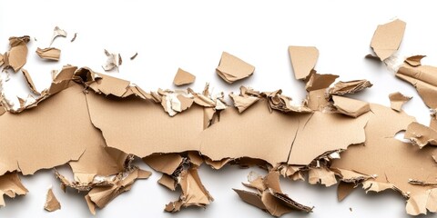 Fototapete - Fragmented pieces of torn brown cardboard scattered on a clean white surface showcasing texture and irregular shapes in horizontal layout