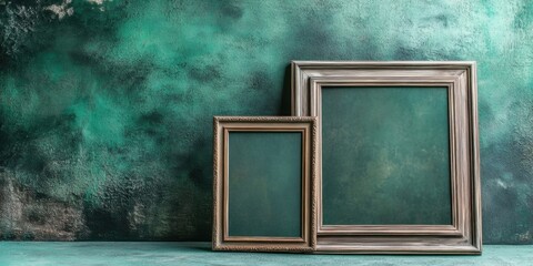 Poster - Elegant empty picture frames in gold on a vibrant green textured backdrop with ample copy space for text positioned beside the frames.