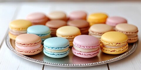 Poster - Colorful assortment of pastel macarons arranged on a silver platter against a white wooden background highlighting their delicate textures.