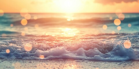 Poster - Gentle ocean waves with sparkling bokeh lights in warm orange and golden hues, softly shimmering under a bright sunset at the horizon.