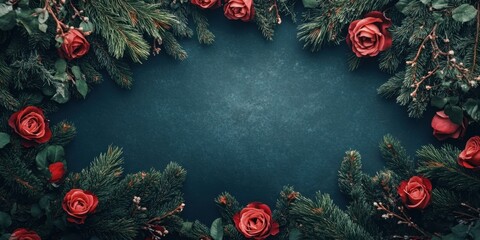 Poster - Aerial view of dark background framed with lush spruce branches and vibrant red roses creating elegant festive border arrangement.