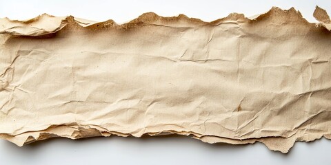 Fototapete - Textured aged note paper with crumpled edges centered on a clean white background, showcasing natural beige tones and organic lines.