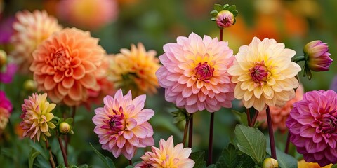 Aufkleber - Vibrant autumn dahlia garden featuring clusters of pink, orange, and yellow blooms with lush green foliage showcasing seasonal beauty and variety.