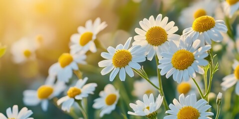 Aufkleber - Vibrant chamomile flowers in bloom with white petals and yellow centers illuminated by sunlight in a serene summer nature setting