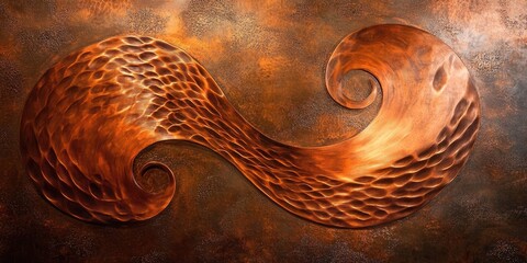 Poster - Abstract copper wave design with textured surface in warm hues of orange and brown, featuring an infinity shape centrally positioned against a metallic background.