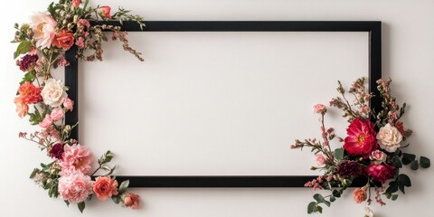 Aufkleber - Black wooden frame with pink, red, and white flowers on left side against a white background creating copy space for messages and greetings.