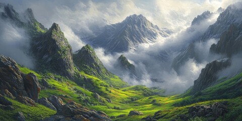 Poster - Verdant valley surrounded by majestic mountains and misty clouds under a bright sky featuring lush green grass and rocky terrain in the foreground