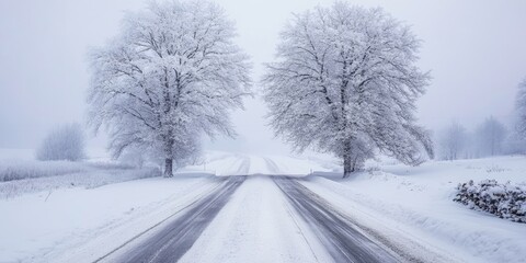 Aufkleber - Snow-covered road with two frosted trees on either side, creating a serene winter scene, soft gray and white tones blending harmoniously.