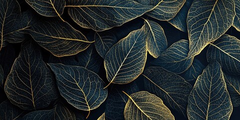 Aufkleber - Dark foliage background with intricate golden veined leaves arranged densely, showcasing deep green and gold tones, suitable for nature-themed designs.