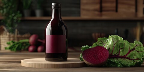 Poster - Dark glass bottle with red liquid on a wooden cutting board beside a sliced beetroot and leafy greens set in a rustic kitchen environment.