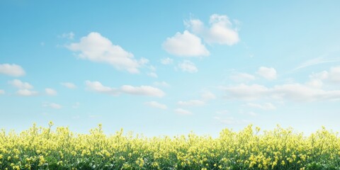 Aufkleber - Vibrant yellow rapeseed field under a clear blue sky with scattered clouds stretching across the frame offering ample space for text or graphics