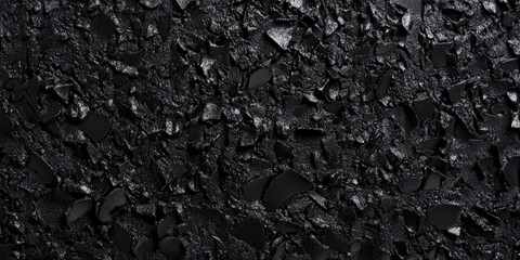 Poster - Textured black surface of crushed asphalt materials with a rough appearance and uneven shapes in varying shades of black and dark grey.