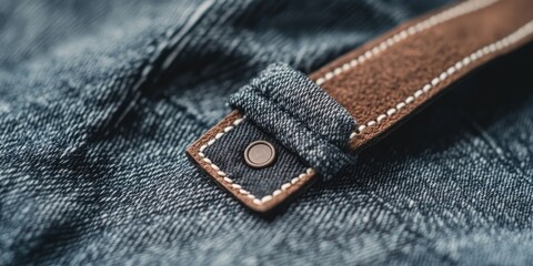 Poster - Close-up view of textured blue denim fabric with brown leather tag and visible stitching details creating a dynamic fabric composition